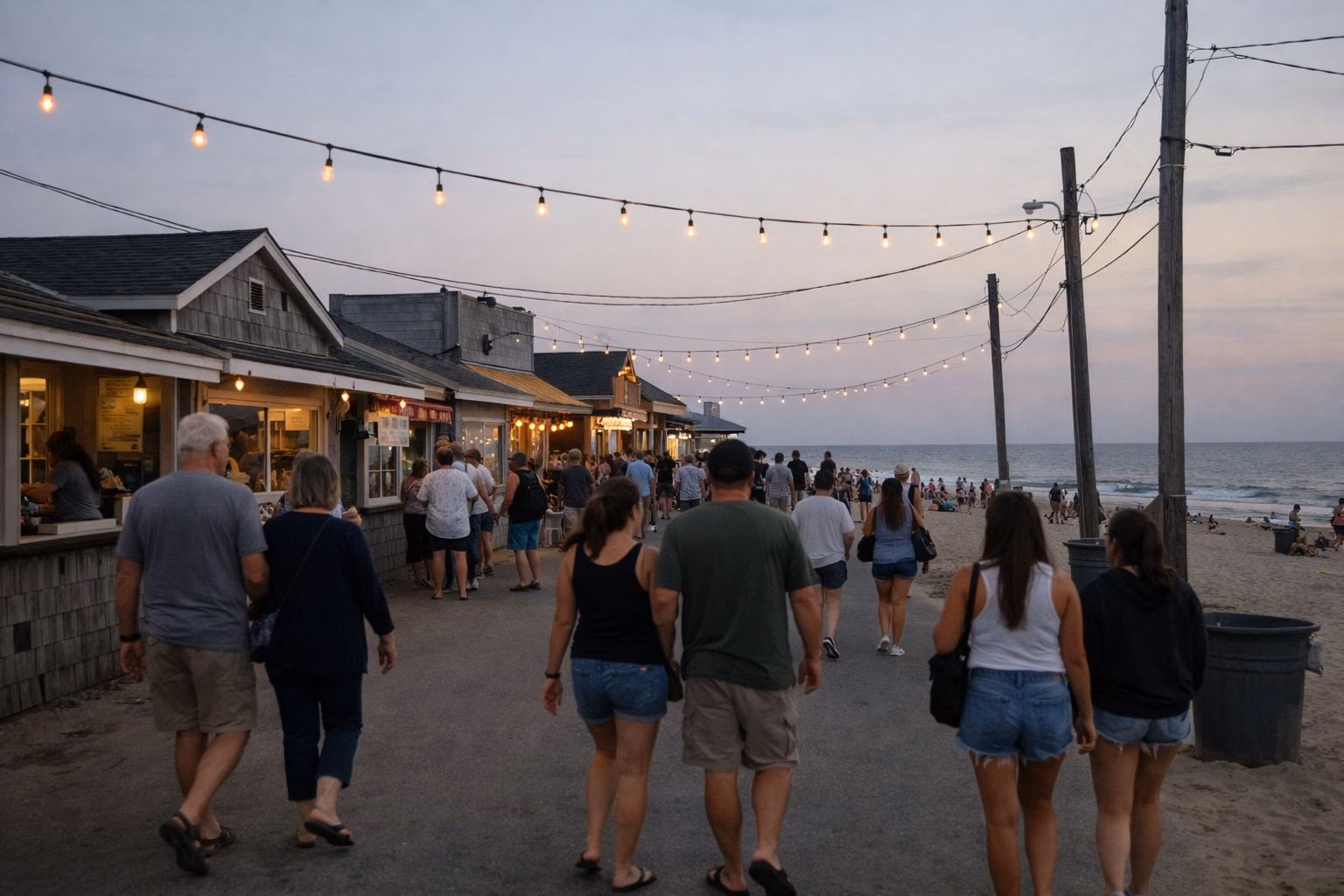 People strolling a beachfront strip of low shops and food stands under string lights at dusk, with the beach beyond