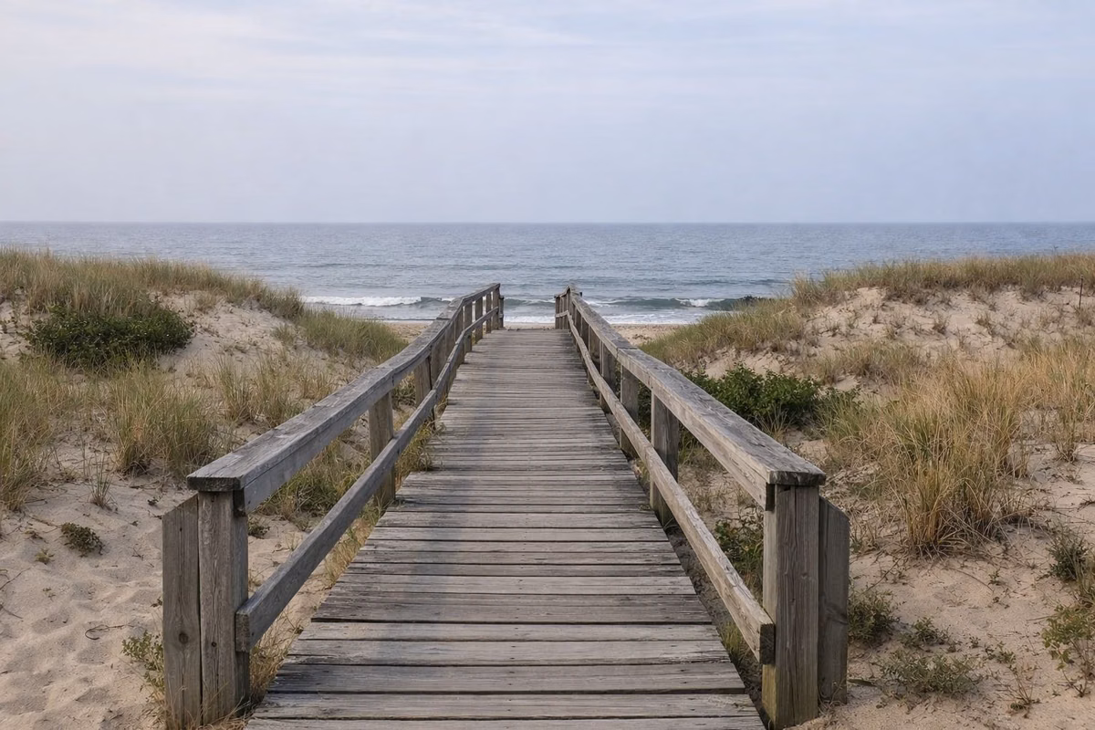 A weathered wooden boardwalk with railings crossing low sand dunes to the beach