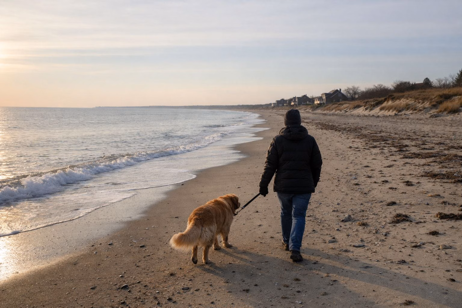 A person in a winter jacket walking a leashed golden retriever along an empty ocean beach in late fall