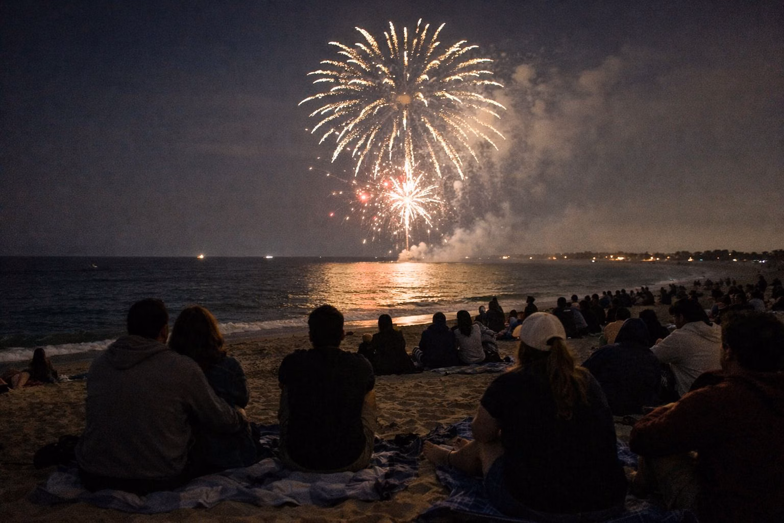 Fireworks bursting over the ocean, watched by a crowd sitting on blankets on the beach