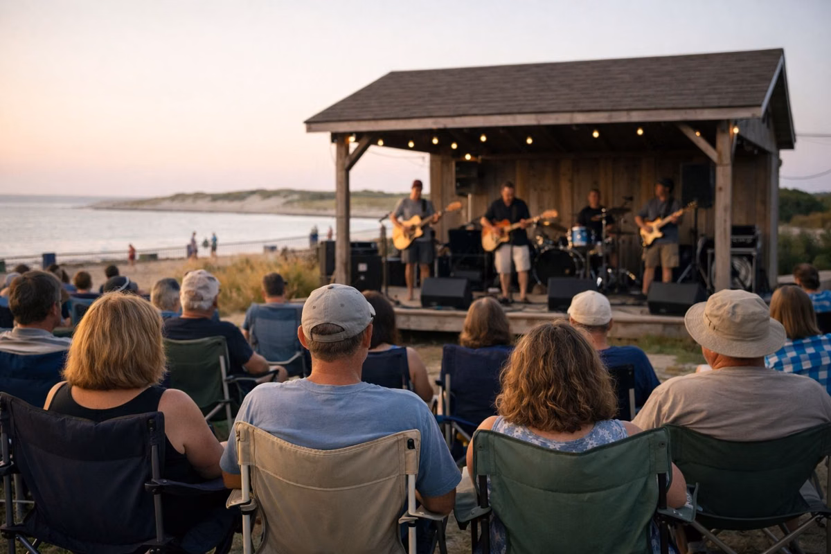 A crowd in lawn chairs watching a band play on a small open-air stage near the beach at sunset