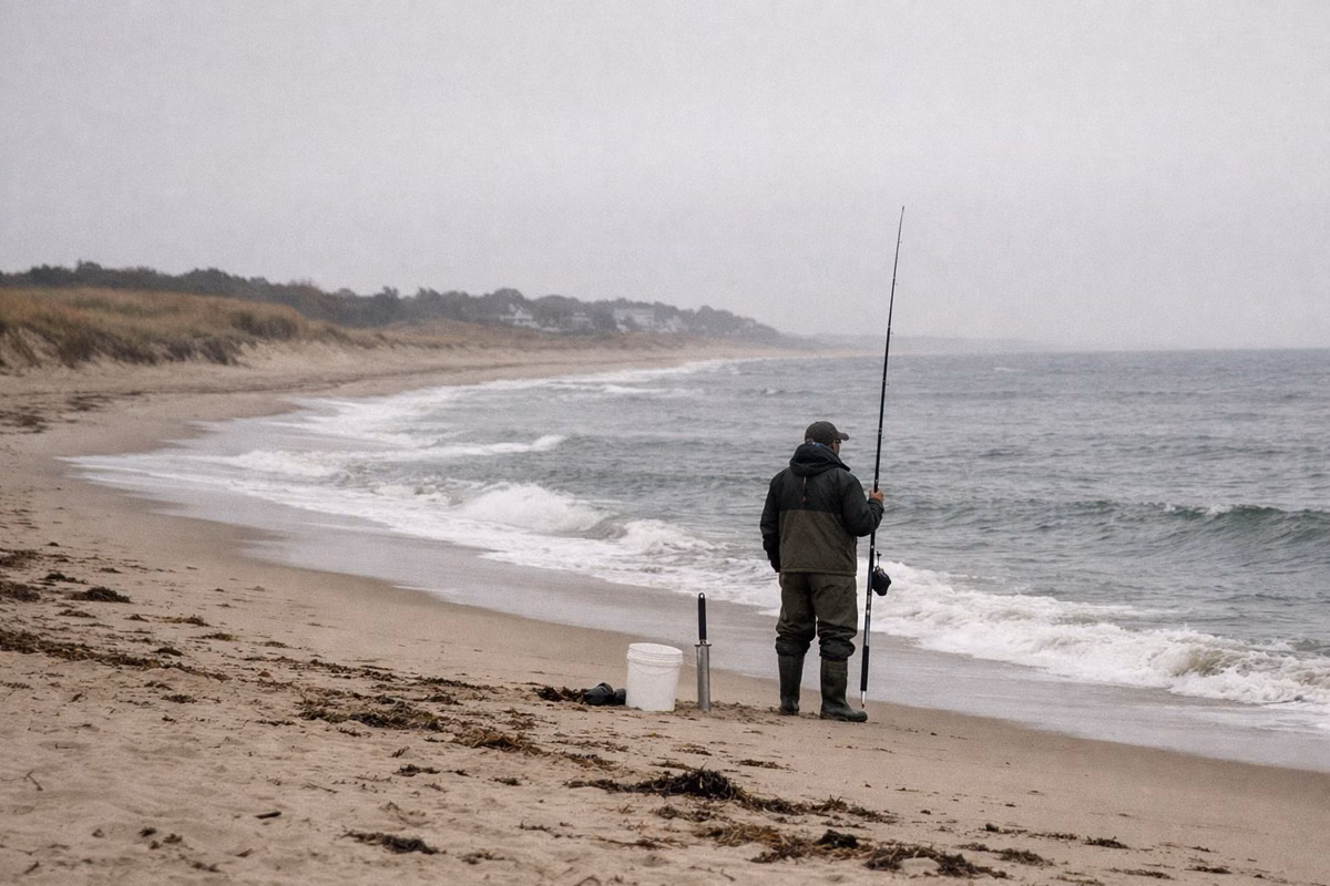 An angler in waders at the water's edge on an overcast beach with a long surf rod, a rod holder and a bucket beside him