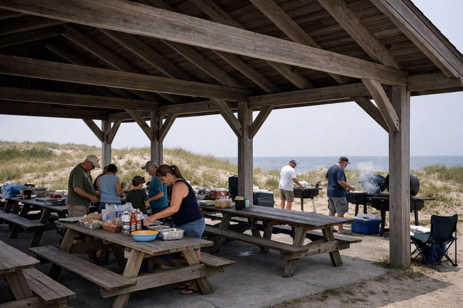 A family gathering at long picnic tables under an open-sided wooden pavilion by the dunes, grills smoking nearby