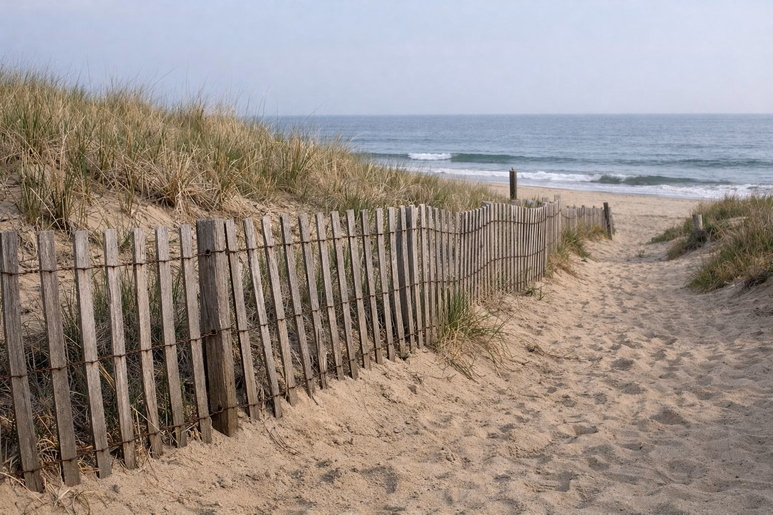 A wooden dune fence beside a sandy beach access path through beach grass toward the ocean
